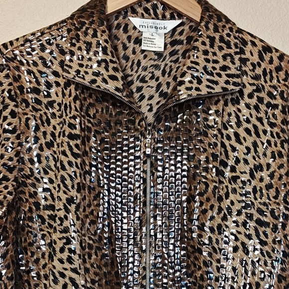 Exclusively Misook Women's L Leopard Print Sequined Jacket Collared Zip Up - Picture 3 of 12